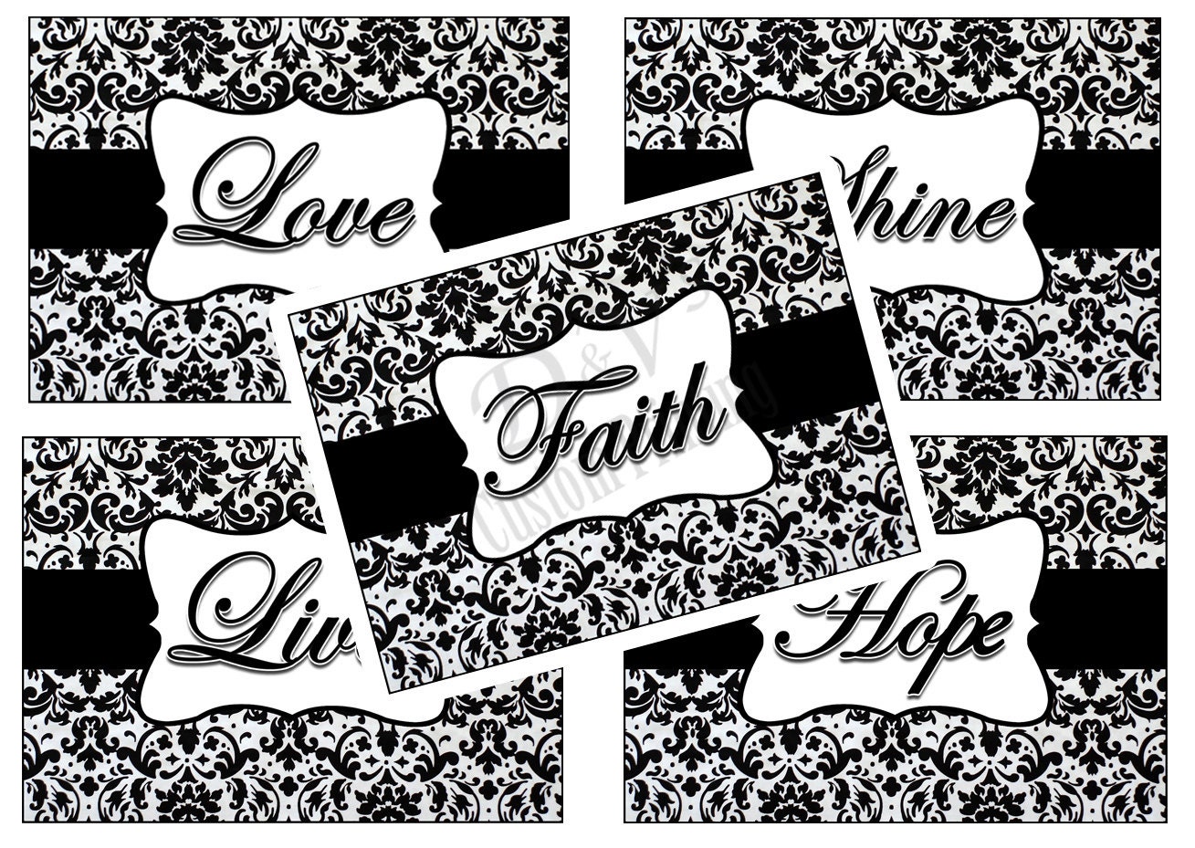 5- (5x7) Black & White Damask Print Pictures  'Love,Faith,Hope,Live,Shine - "Quote Art"  Room Wall Inspiration Art