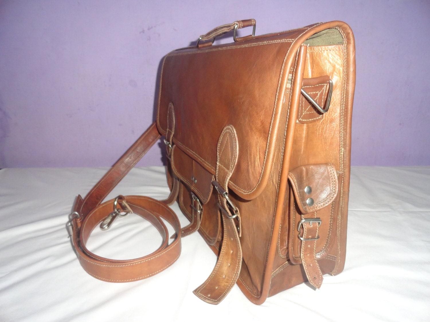 Vintage Handcrafted 15x11" Natural Tanned Leather Handmade Office Briefcase College School Laptop Macbook Bag / Satchel Mother Day Gift