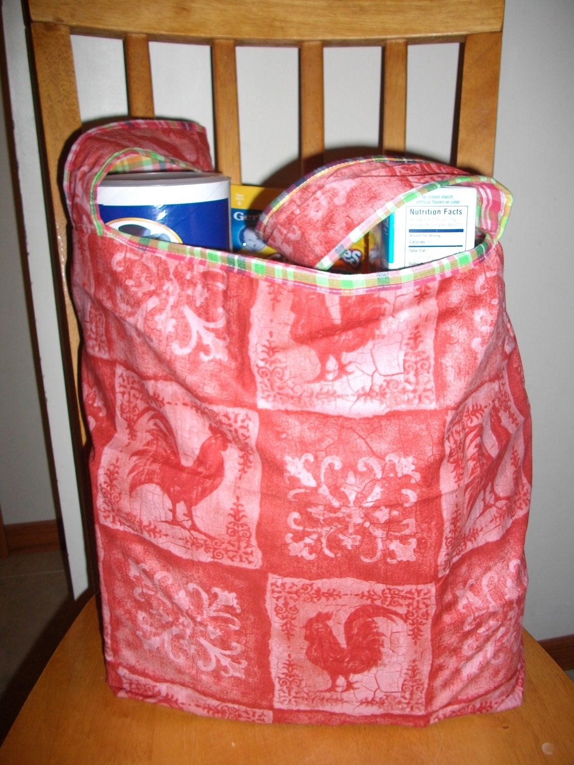 Lined Reusable Fabric Market Bag in Rooster Print