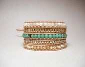 Chan Luu inspired leather wrap bracelet with turquoise gemstones, mother of pearl and sterling silver handmade button.