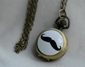 Gold Brass Pocket Watch, Mustache Pocket Watch, Moustache Pocket Watch, Brass Watch Necklace ,Gold Pocket Watch, PC-17 Black