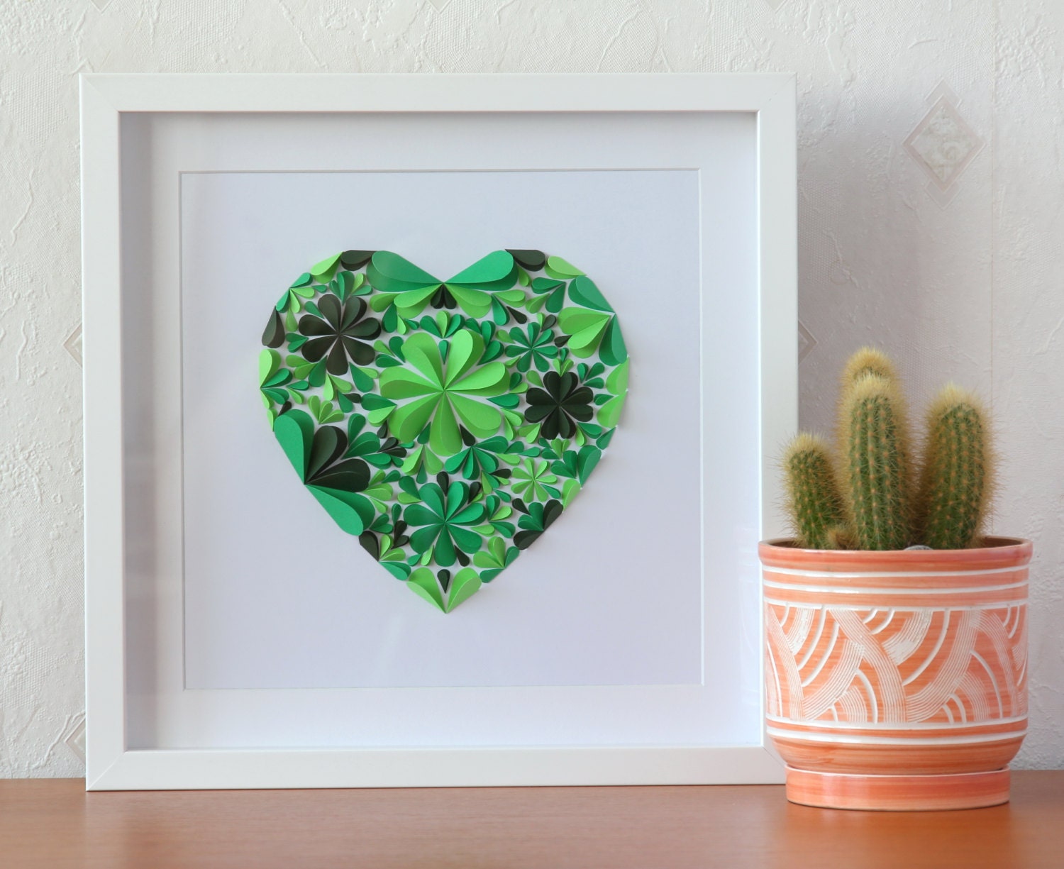 White Box Frame Handmade 3D Art Blossom Flowers Heart Handcut Paper Green Wall Decoration Deco Gift Birthday Wedding Anniversary Spring