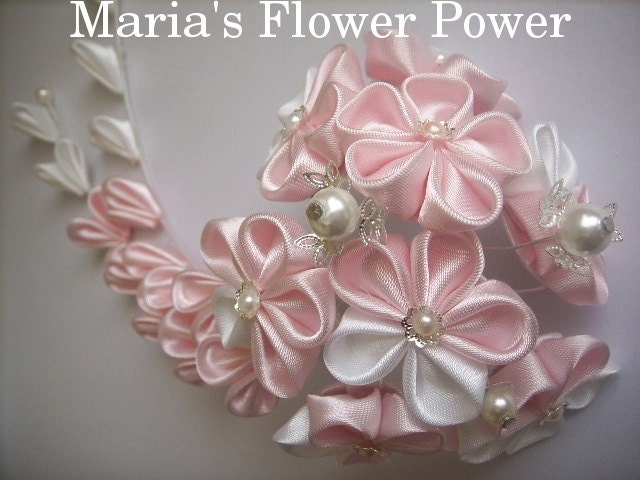 HANDMADE Kanzashi flower satin fabric hair comb with falls- UK hair accessories, shipping worldwide