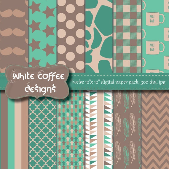 Digital Paper Pack, Scrapbook Paper, Mustache, Stars, Stripes, Feathers, Quatrefoil, Chevron, Brown, Beige, Green Paper, Father's day Il_570xn