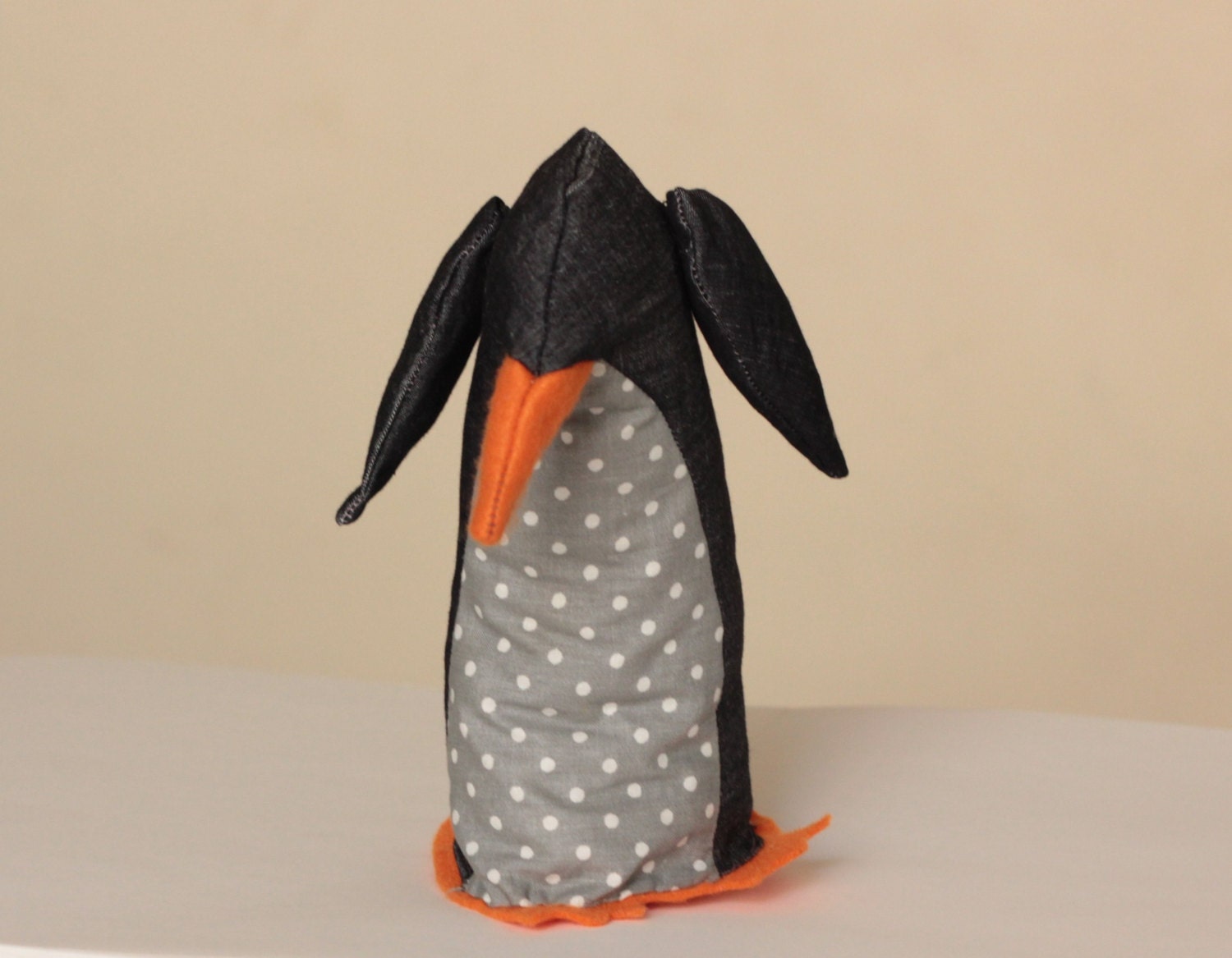 FREE SHIPPING Handmade penguin,  waldorf toys, eco, pure cotton, ooak, cotton toy, grey orange dots, perfect small gift