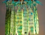 Handmade Aqua Turquoise Chandelier Lampshade with painted feathers from music sheet paper. FREE SHIPPING