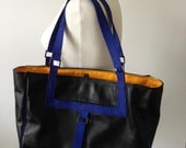 Handmade, Hand stitched Tote Bag with match wallet, Black body with Bright Blue Suede straps and Yellow canvas Lining, Great for daily use