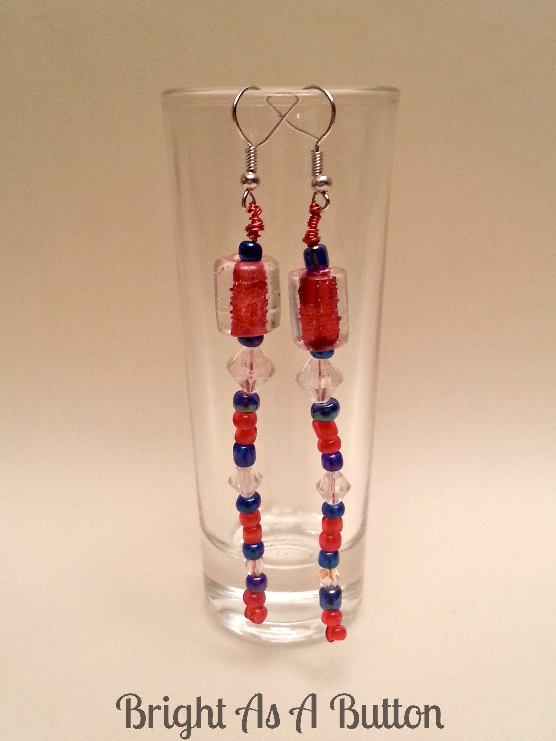 Patriotic Red Cylinder Glass Beads, Clear Crystals, Blue/Red Glass Seed Beads Dangle Earrings (N. 016)
