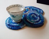 Primitive Folkart 4 Hooked Blue Mug Rugs  Mothers day  Fathers Day Gifts