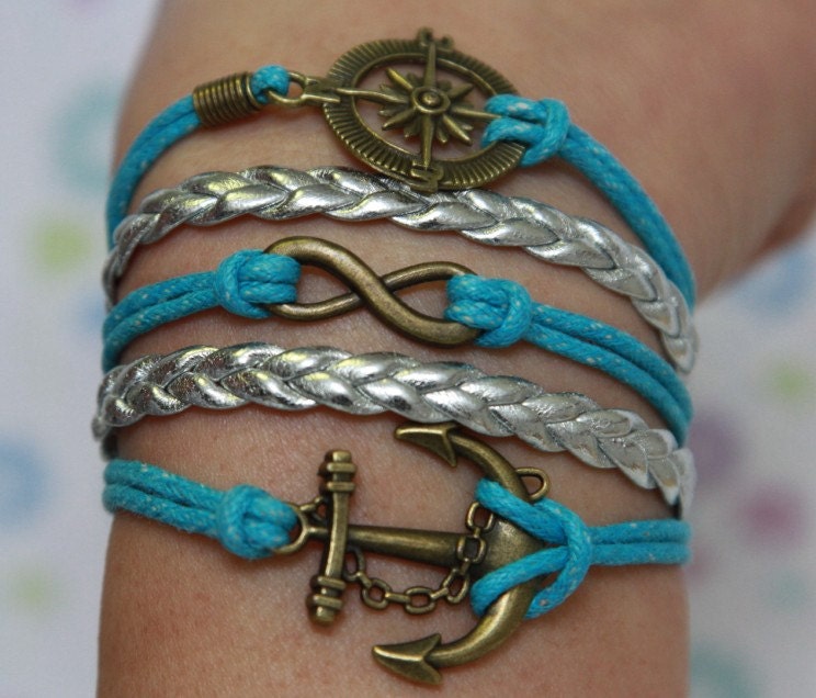 Anchor Bracelet,Infiniti bracelet,Compass bracelet,Figure 8 Faux Suede --Antique Bronze Bracelet,Silver Leather Bracelet--Best Chosen Gift