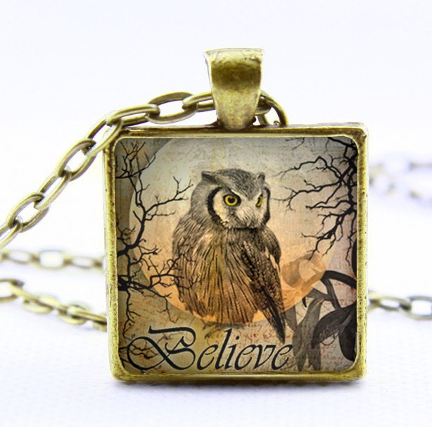 Owl Moon Inspirational Words Ephemera Pendant Necklace ,SQUARE Necklace Clear Glass Cover  Vintage Necklace,Gift