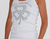 Irish American SHAMROCK 3 Leaf Clover Crystal Rhinestone St. Patrick's Day Irish Heart Women TShirt Tank Top White