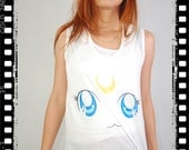 Luna Cat Eyes Sailor Moon Punk Rock Vintage Women Tank Top Crop Vest T-shirt Size S,M,L
