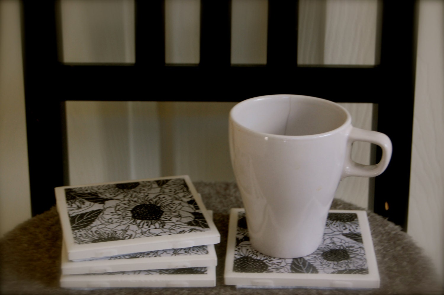 Black & White Floral Tile Coasters Set of 4