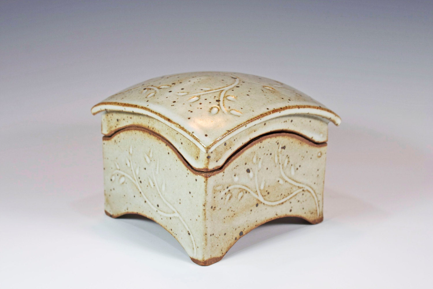 Ceramic box, hand carved, slab built, stoneware, curved lid, medium size - LauraHarmonPottery