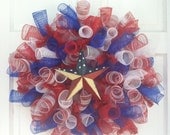 Patriotic, 4th of July, Spiral Deco Mesh Wreath- Red, White, & Blue with metal star