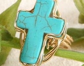 Women Fashion Jewelry Vintage Style Cross Silver stone Gold GP Turquoise Ring Handmade