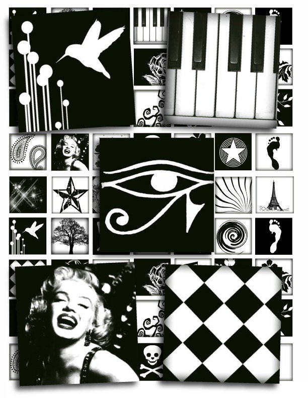 1 Inch Square Black and White Things and Nature Digital Collage Sheet