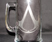 Assassin Creed Logo Hand Etched on Beer Mug, Pint Drinking Glass, or Coffee Mug