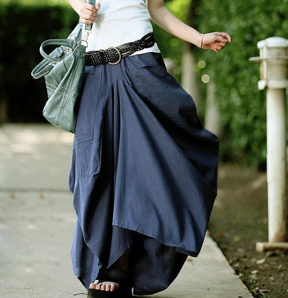 women's dark blue / dark red flax Sexy Casual big Pleat big pocket Linen cotton Maxi Dress Day dress Sundress Long Maxi Skirt (03)