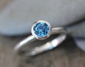 6mm Swiss Blue Topaz  Gemstone Solitaire Ring in Recycled Sterling Silver, Ocean Blue Stone Ring, Birthstone Jewelry