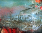 original painting "The Cruel Blue Forever"  Original framed acrylic mixed media and resin painting.  Narwhal, ocean painting.