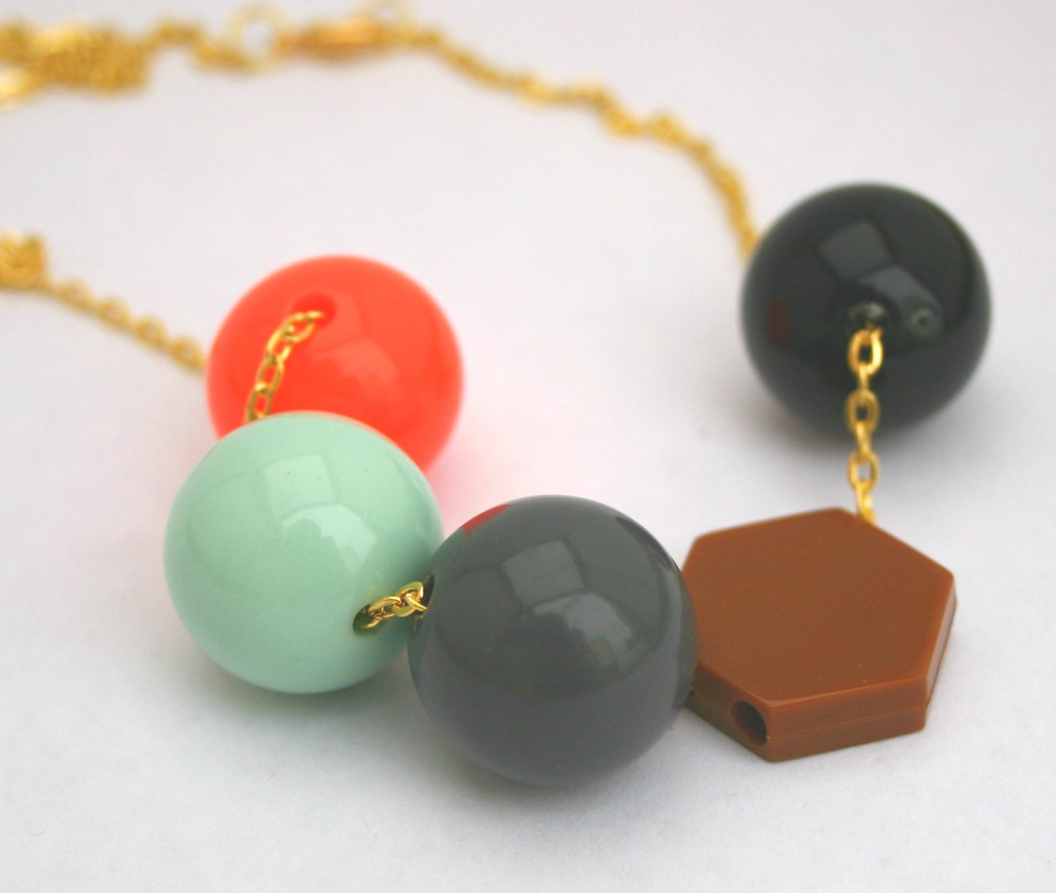 Gumball Necklace - Neon Orange Geometric Brown Black Gray Seafoam Resin Plastic