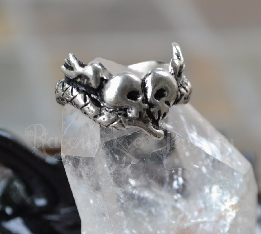 Memento Mori Ring Solid Sterling Silver Conjoined Winged Skulls Snake form a Heart