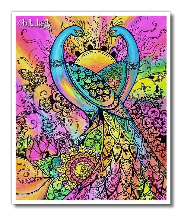 Signed 8 x 10 Print Peacock Fantasy landscape Psychedelic Surreal Pink Purple B. K . Lusk