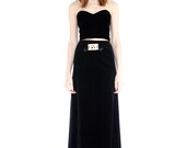 vintage 1970's gold egyptian eye velvet maxi skirt / hammered brass belt skirt