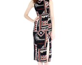 vintage 90s cut-out back tiki dress / geometric tribal print summer maxi dress