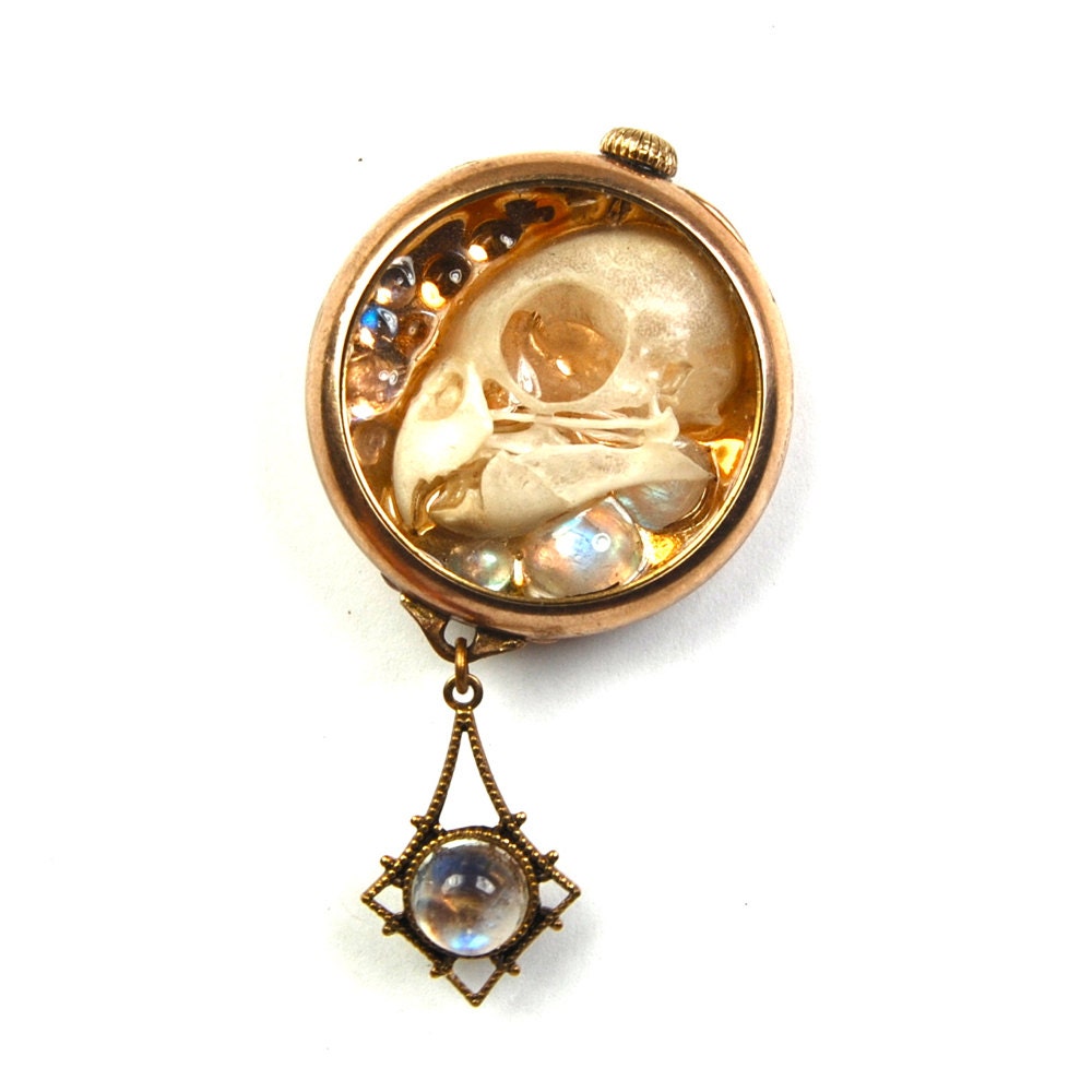 Steampunk Genuine Skull Lapel Pin with Rainbow Moonstone and Citrine Housed in Victorian Pocket Watch Case by Nouveau Motley