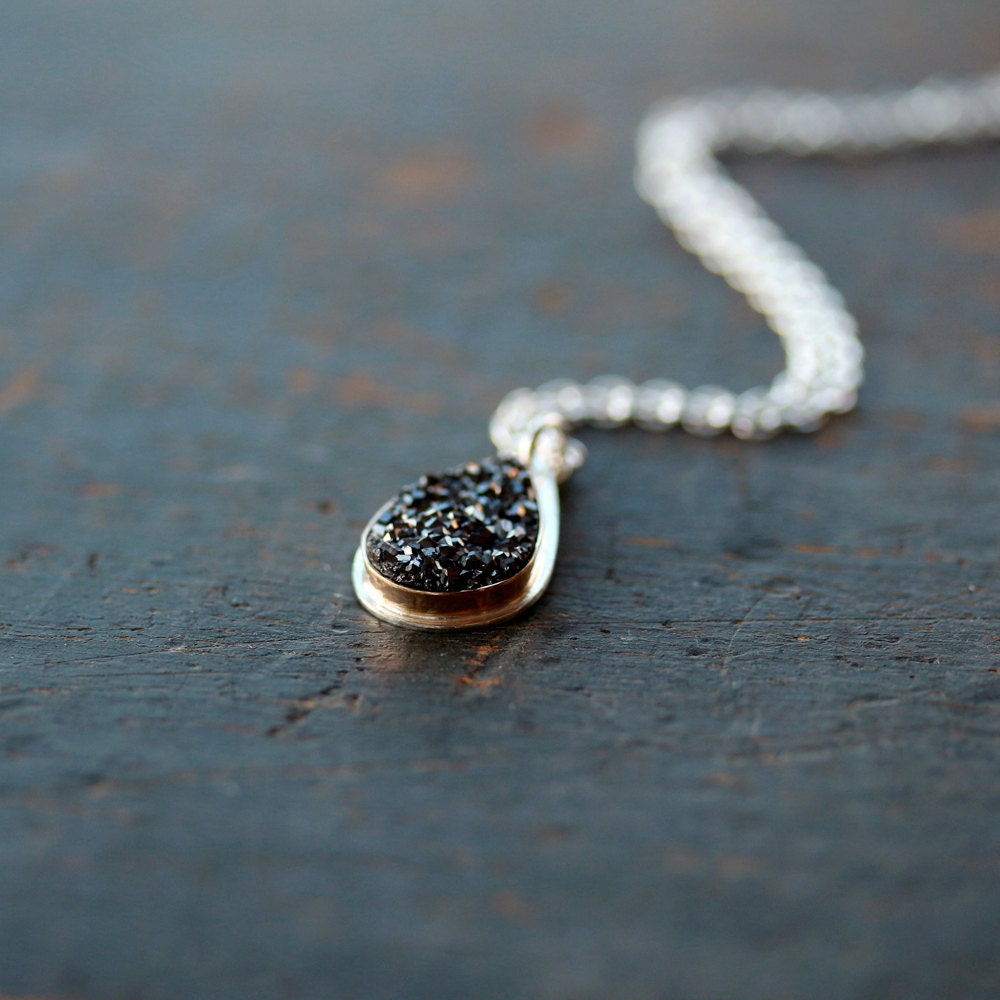 Black Druzy and Gold Necklace Gemstone Teardrop Sterling Silver Chain 14k Sparkle Drusy Handmade Jewelry
