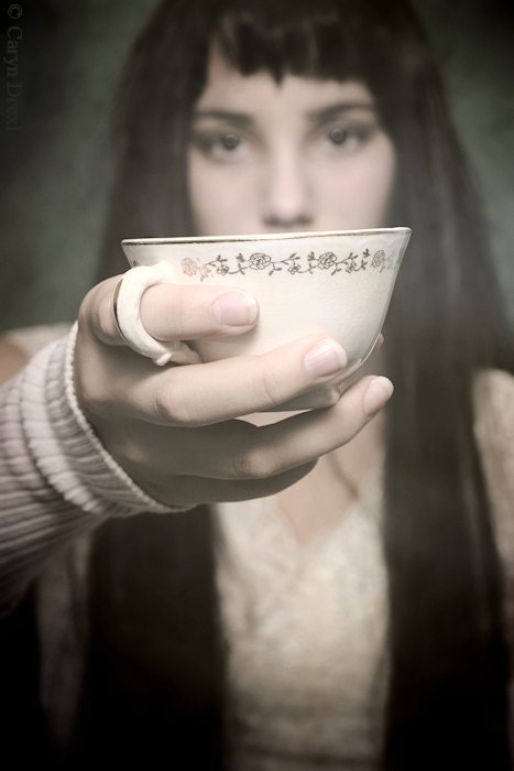 Offerings - FREE SHIPPING - Print Girl Tea Cup Eyes Face Focus Holding Cream Pink White Black Soft Portrait Photo Art Surreal Blur