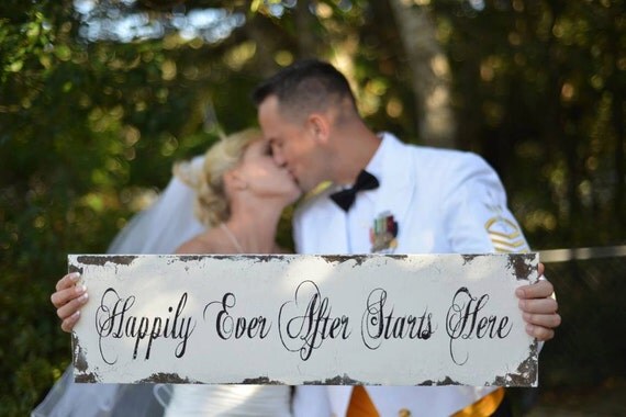 HAPPILY EVER AFTER Starts Here Sign, Wedding Sign, Shabby Chic Home Decor, Fairy Tale Wedding, As seen on Bridal Guides Facebook Cover Photo