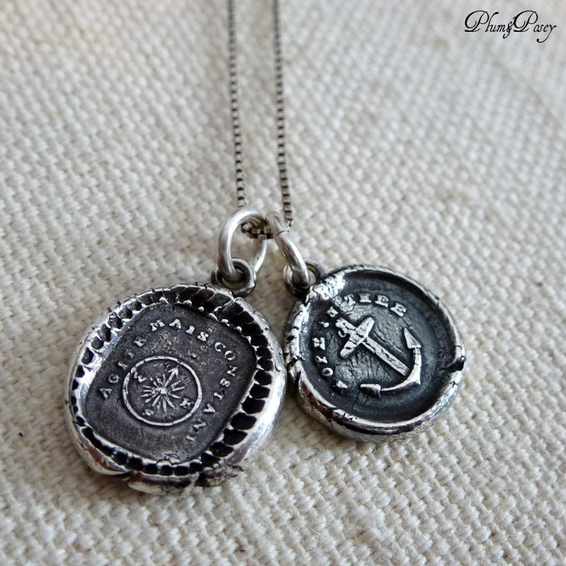 Navigators Wax Seal Charm Necklace - Compass and Anchor Wax Seal Pendants from Antique Wax Seal