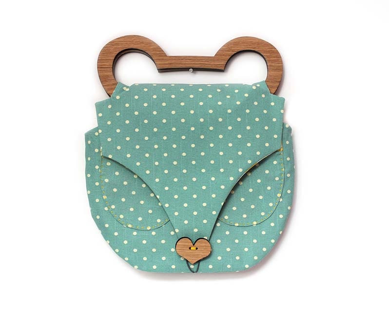 Bear Bag ears - oak wooden handle clutch - aqua polka dot - vintage yellow flower