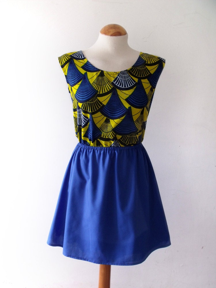 Tribal print dress african style wax print cotton dress in blue navy yellow