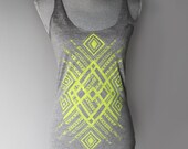 Heather Tri-blend Gray Racerback Tank with Yellow Geometric Tribal Hand Screen Print  XL,XXL