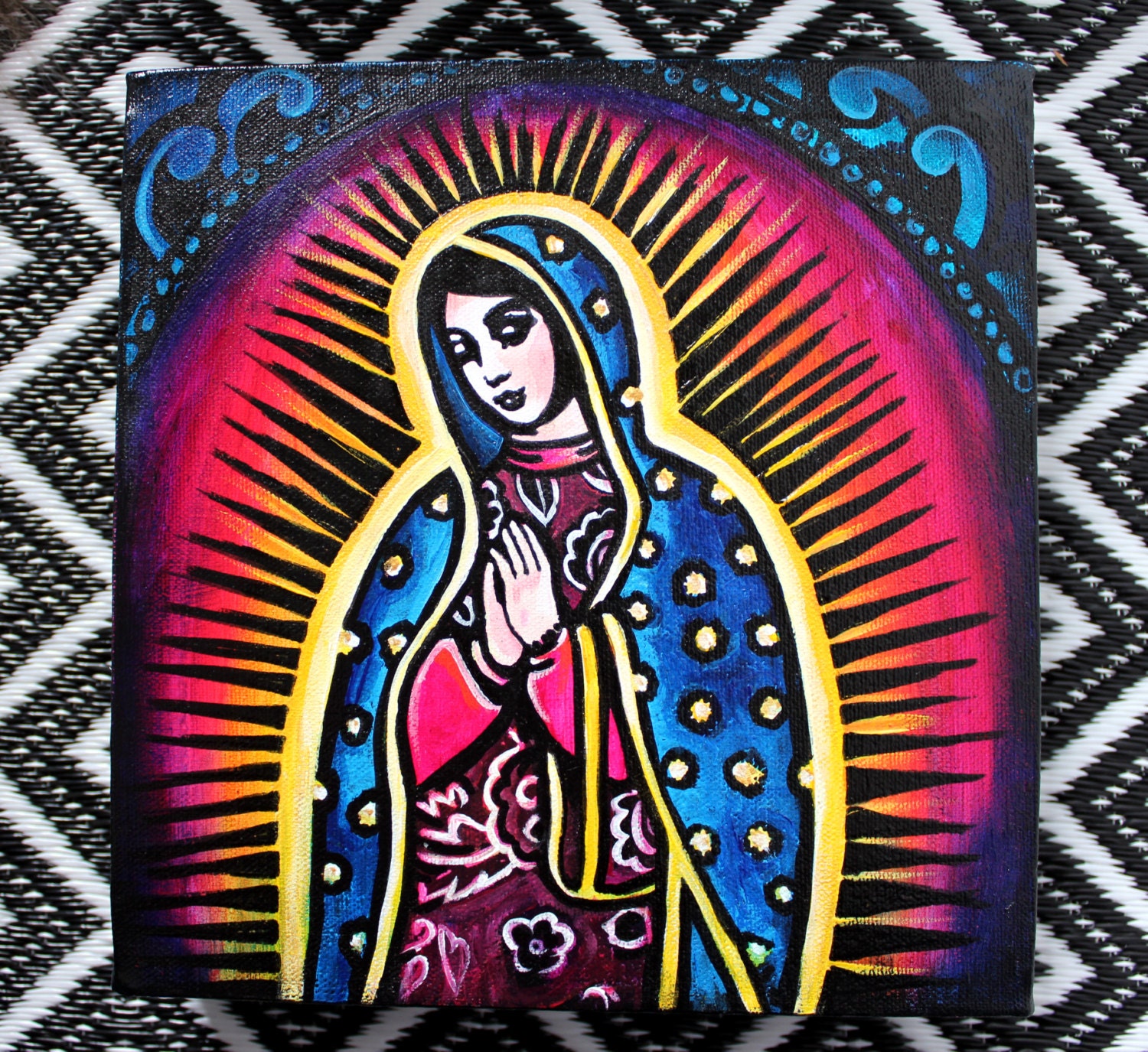 Our Lady of Guadalupe Screen Print and Painting on Canvas- 9 x 9 x 2 inch