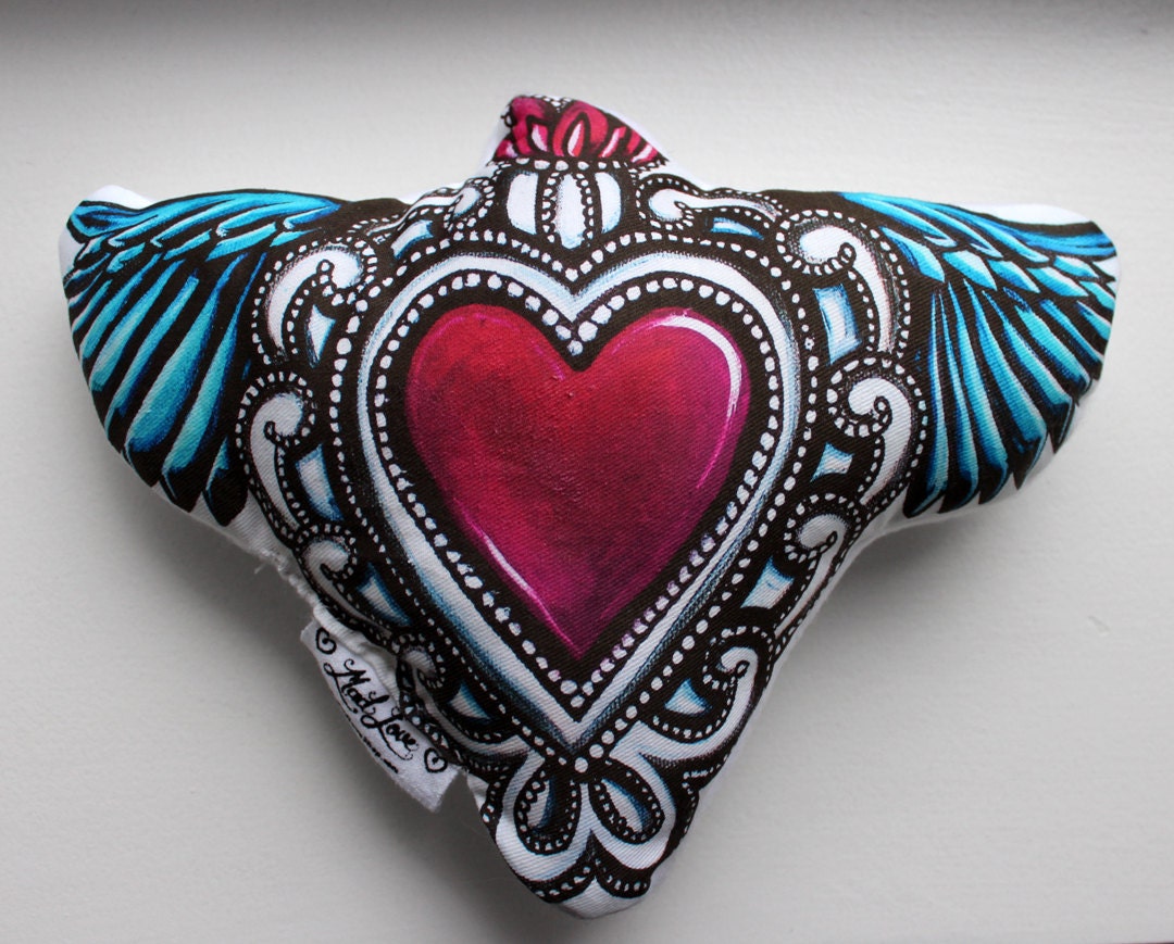 Cute Sacred Heart with Wings Plushie Pillow 10 x 7 inches