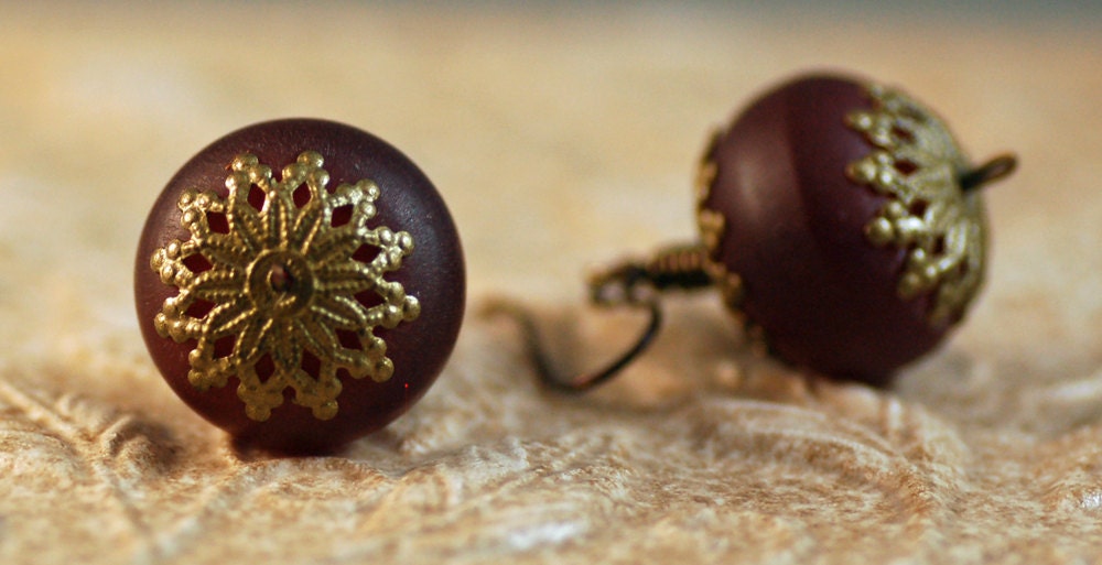 Burgundy Resin Lightweight Vintage-Inspired Earrings with Brass Filigree Caps