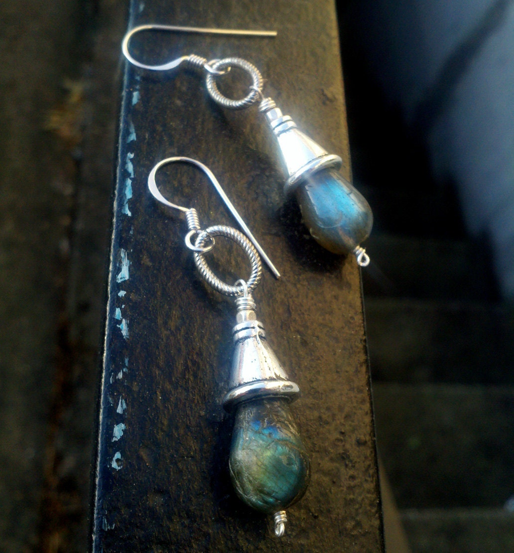 Dark Witch Rising - Raw but Polished Capped Labradorite droplet sterling silver earrings - blue flash