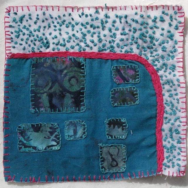 BATIK Fiber art turquoise teal black violet original  appliqued embroidered primitive  abstract wall hangingOOAK