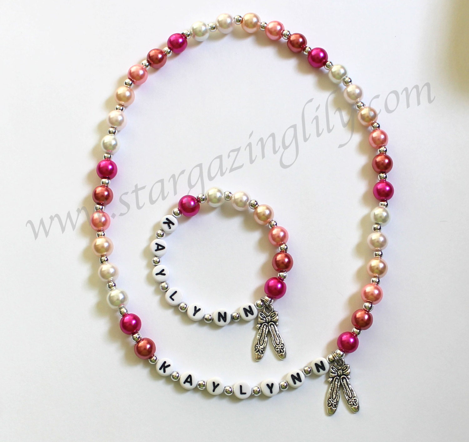 Pink Pearl Jewelry for Girls Personalized Name Necklace & Bracelet Set Jewelry for little girls YOU CHOOSE the pearl color and charm