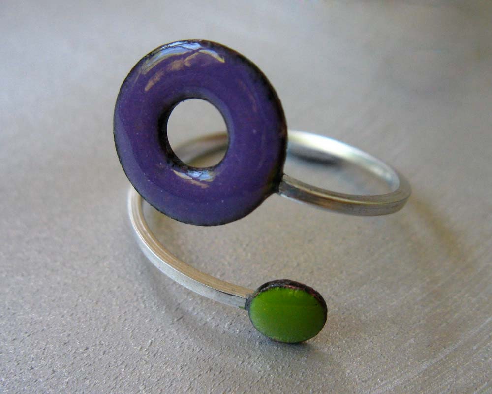 Ready to Ship: Lifesaver In Orbit Ring, Violet Purple and Lime Green Kiln-fired Glass Enamel and Sterling Silver, Adjustable