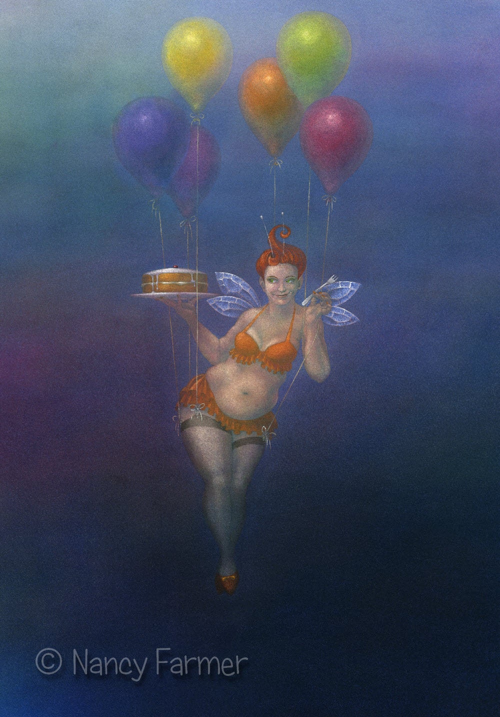 Fairy Cakes II - large curvy fairy with stockings and cake - large A5 / 8x6inch greetings card, blank inside