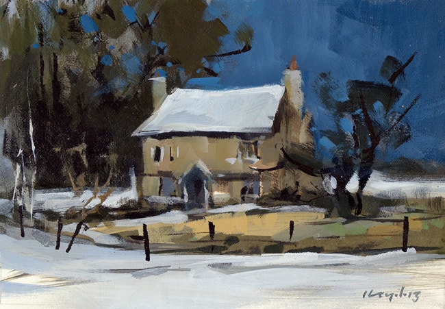 Original Painting Winter Landscape Sketch Acrylic Quick Study 5x7 - House in Winter by David Lloyd