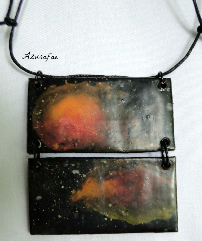 Double Galaxy Watercolor Painting Paper Necklace OOAK