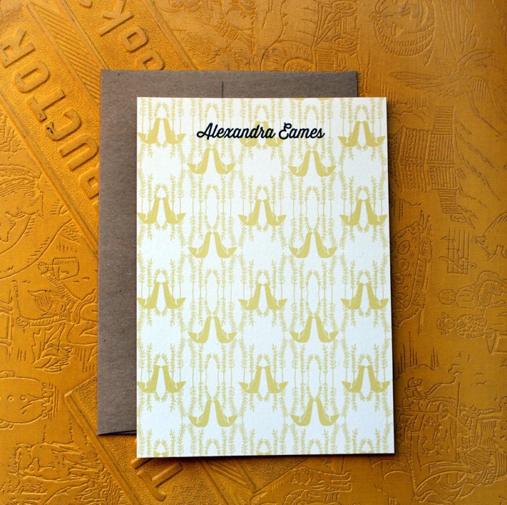 Set of 10 personalized flat notes- Yellow Partridge Print